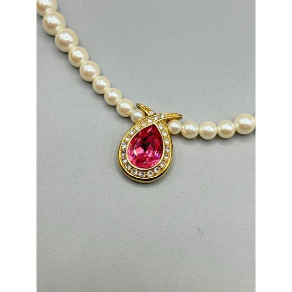 Signed Marvella Pearls Necklace with Pink Stone & Rhinestones Accents Gold Tone - Picture 9 of 12